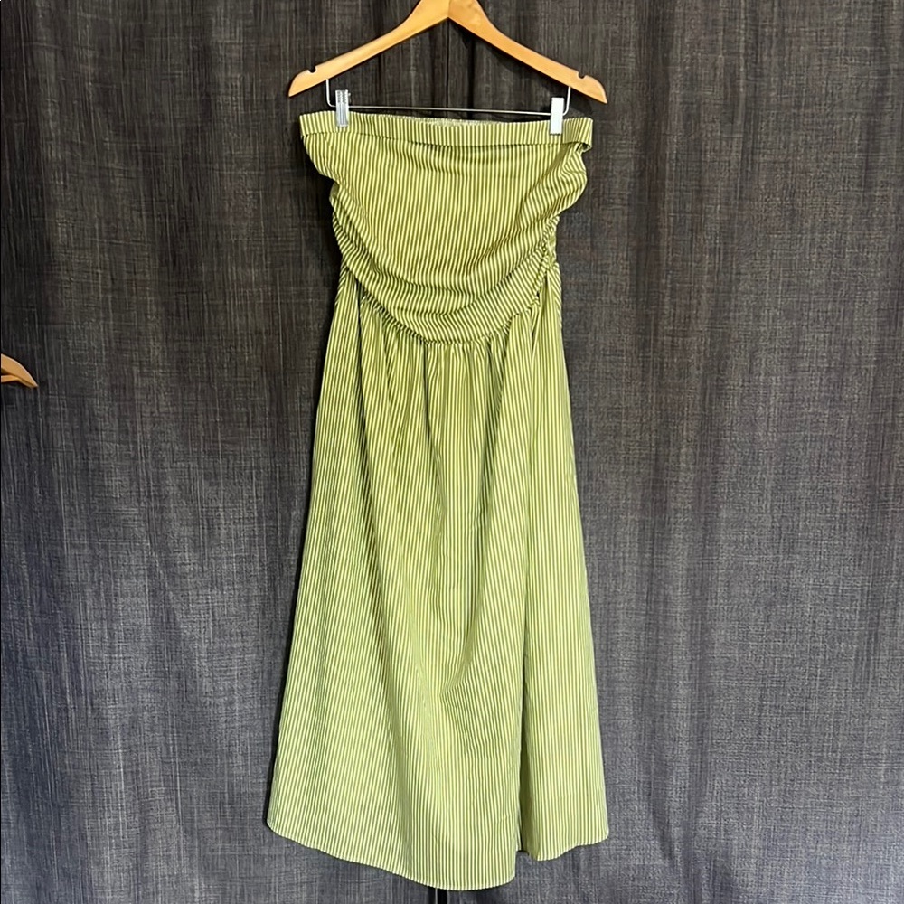 Green and white striped strapless midi length dress with pockets size XL